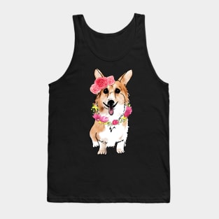 Happy Cute Corgi Dog with Roses Tulips Tank Top